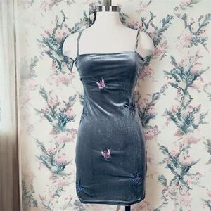 Zemeta Grey Gray Butterfly Velvet Velour Mini Dress Bodycon Pencil S